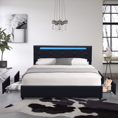 Rama łóżka z tapicerowaną platformą Queen Black Faux Leather Metal Cztery szuflady ze światłem LED