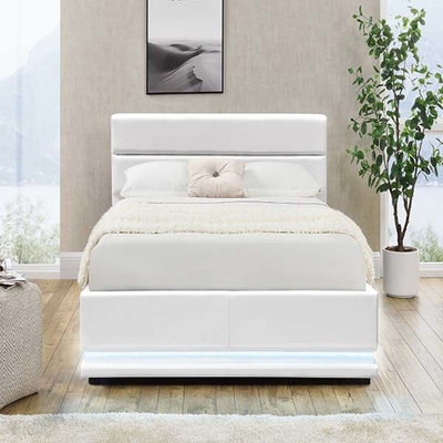 Biała platforma LED 150x200 CM Rama łóżka Automatyczna winda gazowa ze schowkiem