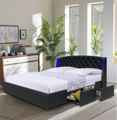 Balck Faux Leather King Size Szuflada do przechowywania łóżka Tuftowane guziki z dwoma uszami LED