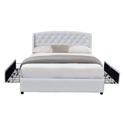 Dwa uszy LED Faux Leather Queen Size Tapicerowane łóżko 4 mentalne szuflady Tuftowane guziki