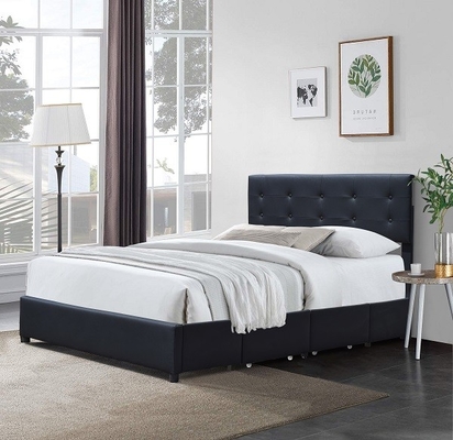 Rama łóżka z tapicerowaną platformą Queen Black Faux Leather Metal Cztery szuflady ze światłem LED