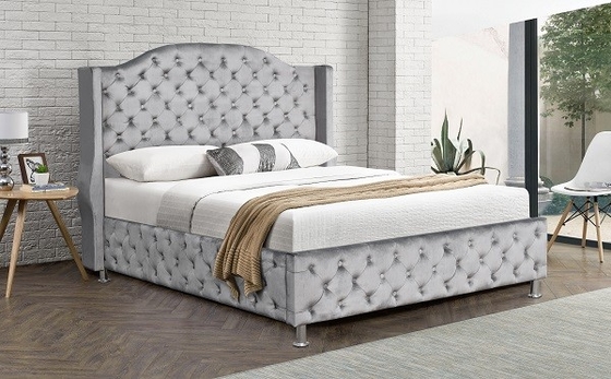 Dostosowane łóżko tapicerowane w rozmiarze king size Velvet Fabric Button Tuftowany wysoki zagłówek