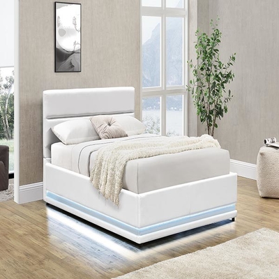Biała platforma LED 150x200 CM Rama łóżka Automatyczna winda gazowa ze schowkiem