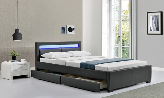 Szaro-czarne łóżko tapicerowane Producent King Size z diodami LED / rysuje