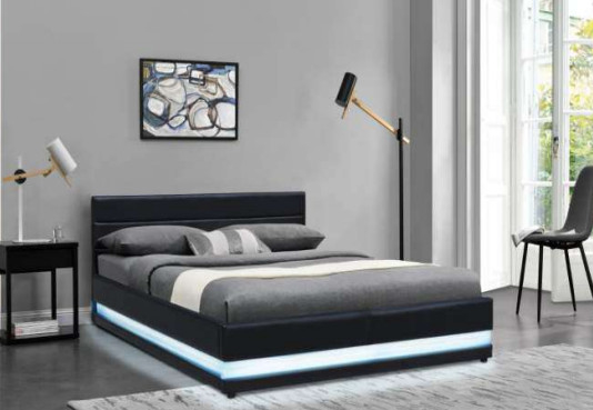 Nowoczesne łóżko tapicerowane Bsci Led z pełną platformą Queen Size i zagłówkiem