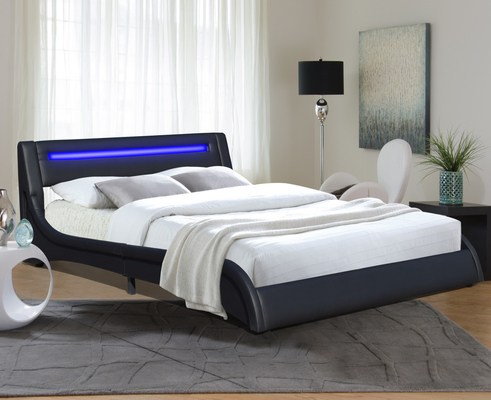 Czarny faux skórzany Pu Led Polstered łóżko ramy z regulowanym głowicy