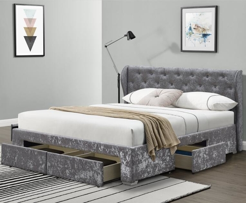 Tkanina Tufted Storage Bed Kruszony Velvet Silver Ottoman Szuflada OEM Double Size Tapicerowana