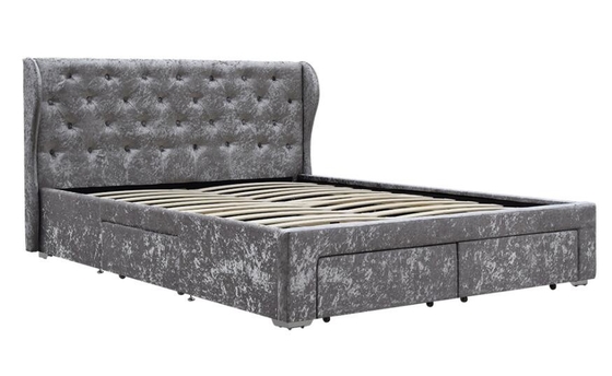 Tkanina Tufted Storage Bed Kruszony Velvet Silver Ottoman Szuflada OEM Double Size Tapicerowana