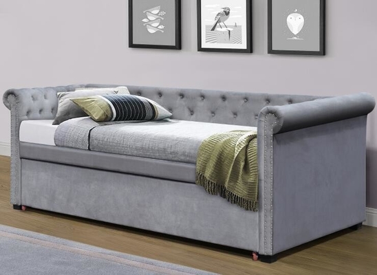 Pełnowymiarowy aksamit wyłożony łóżko dzienne łóżko trundle Chesterfield Grey Plush