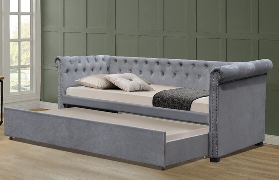 Pełnowymiarowy aksamit wyłożony łóżko dzienne łóżko trundle Chesterfield Grey Plush