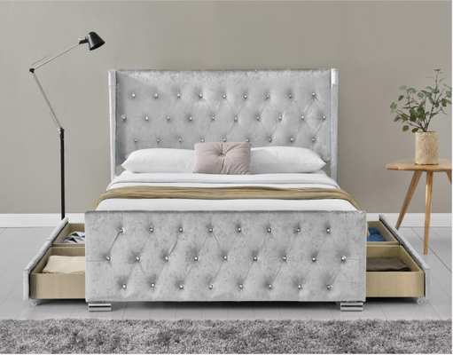 Wing Back Ottoman Tuftowane łóżko do przechowywania King Size Wood Sliver Szary kruszony aksamit z zagłówkiem