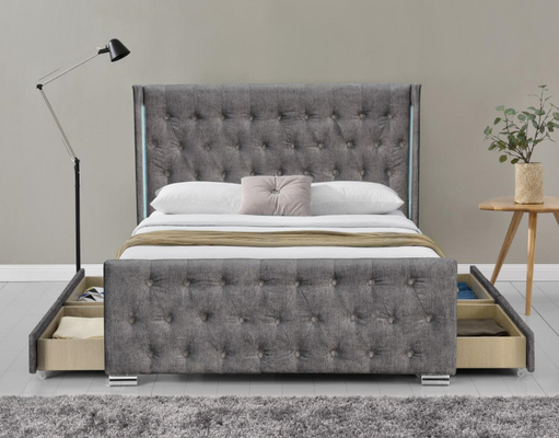 Wing Back Ottoman Tuftowane łóżko do przechowywania King Size Wood Sliver Szary kruszony aksamit z zagłówkiem