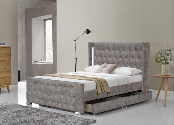 Wing Back Ottoman Tuftowane łóżko do przechowywania King Size Wood Sliver Szary kruszony aksamit z zagłówkiem