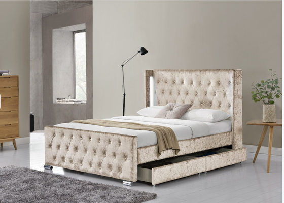 Wing Back Ottoman Tuftowane łóżko do przechowywania King Size Wood Sliver Szary kruszony aksamit z zagłówkiem