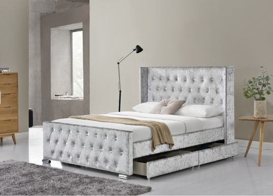 Wing Back Ottoman Tuftowane łóżko do przechowywania King Size Wood Sliver Szary kruszony aksamit z zagłówkiem